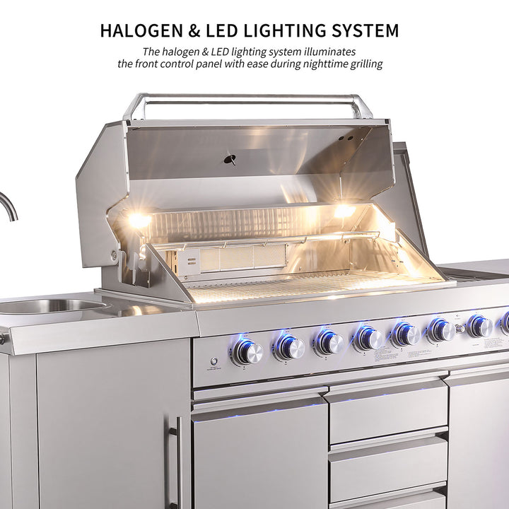 6-Burner Propane Gas Grill Island with Rotisserie and Outdoor Refrigerator
