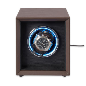 Single Brown Leather Watch Winder with Color Changing Light
