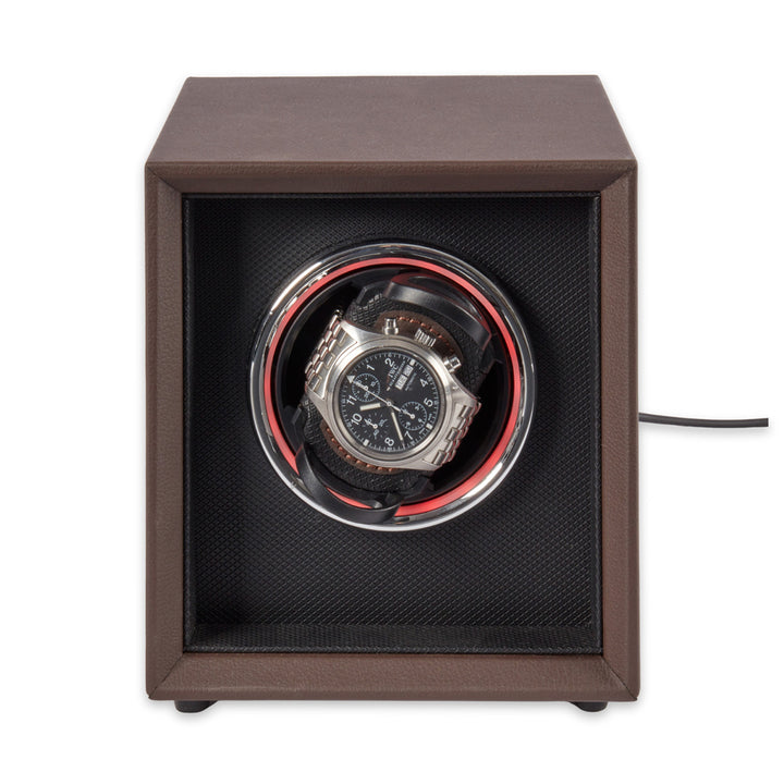 Single Brown Leather Watch Winder with Color Changing Light