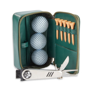 9 Pc. Green Leather Travel Golf Set with Zipper Closure