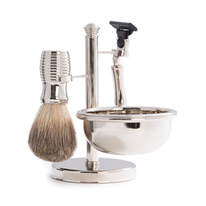 Razor and Pure Badger Brush with Soap Dish on Chrome Stand.
