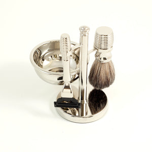 Razor and Pure Badger Brush with Soap Dish on Chrome Stand.