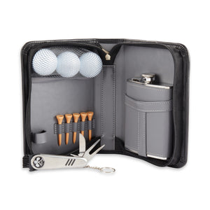 9 Pc. Black Leather Travel Golf Set with Flask