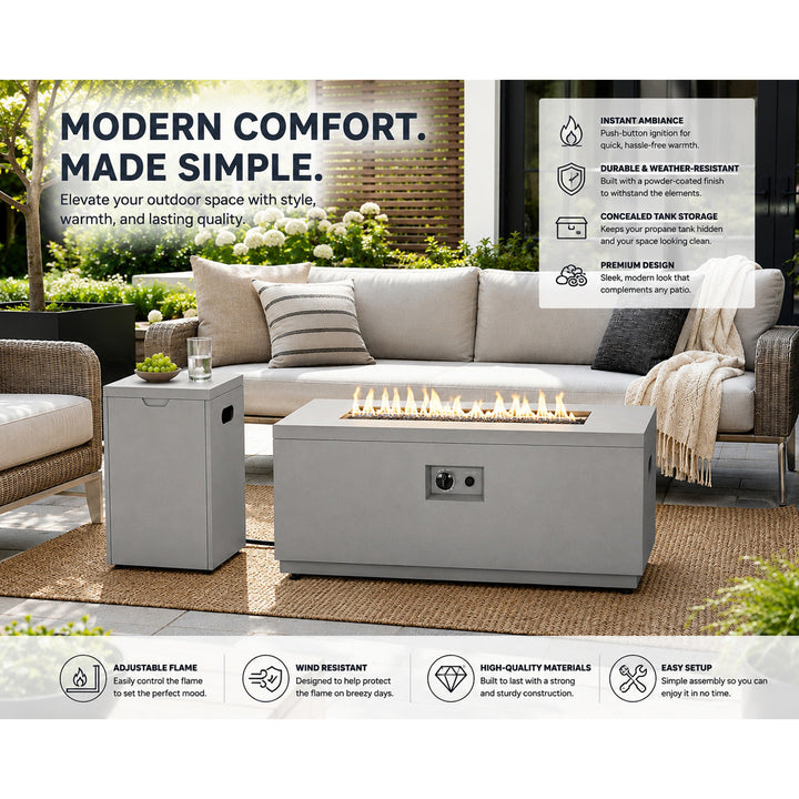 Modern Rectangular Fire Pit Table with Lid and Gas Tank Cover