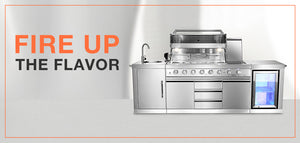 Stainless steel kitchen appliance with 'Fire Up The Flavor' text on a white background