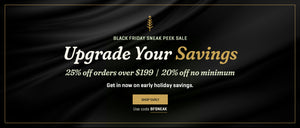 Black Friday Sneak Peek Sale promotional banner with a black satin-like background, gold border, and text reading 'Upgrade Your Savings' with discount details and a gold 'Shop Early' button.