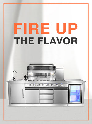 Stainless steel outdoor kitchen with 'Fire Up The Flavor' text on a gray background